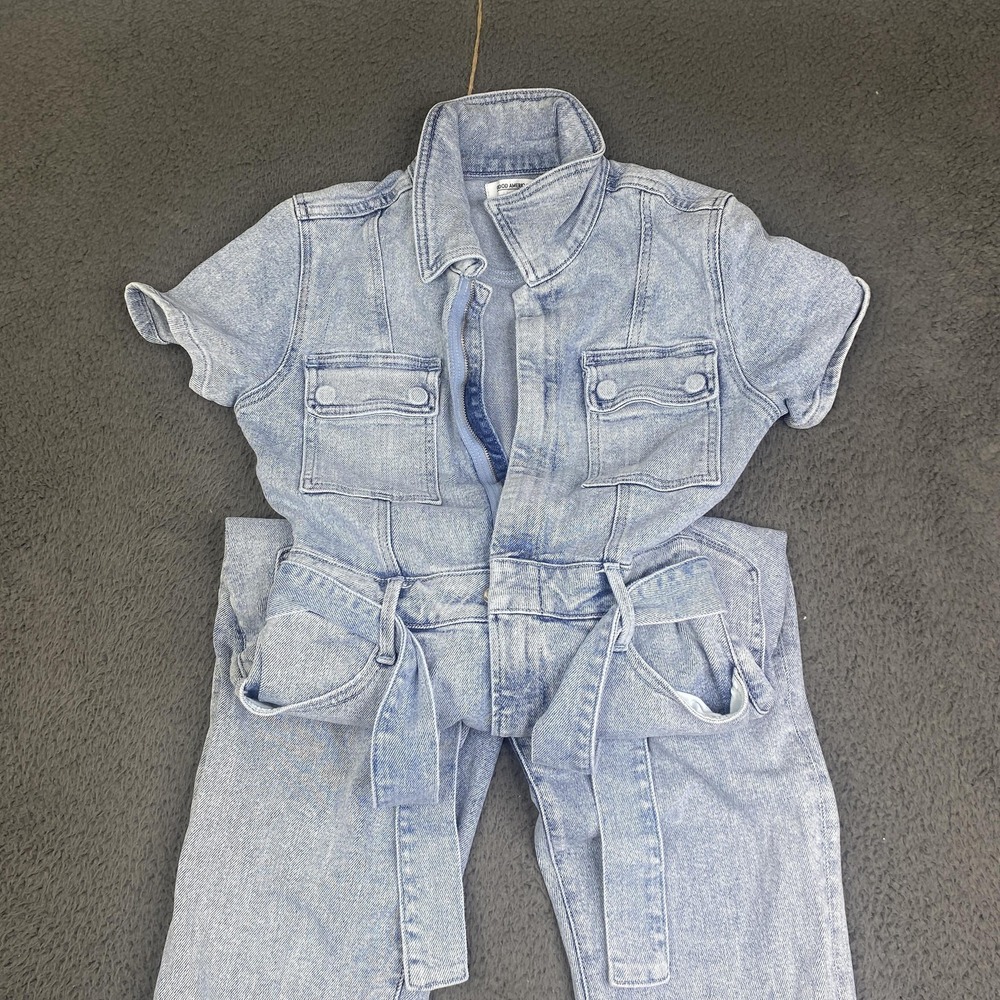 Good American Jumpsuit Womens Size 1 Light Wash Denim Short Sleeve Belted Blue - Picture 2 of 13
